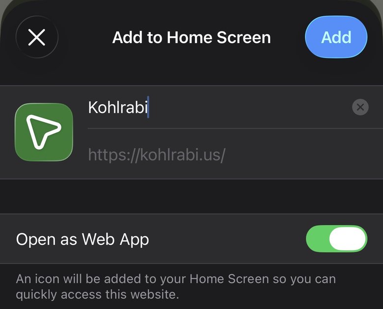 Add to Home Screen confirmation showing the Kohlrabi icon, the name Kohlrabi, the kohlrabi.us address, and the Open as Web App toggle switched on